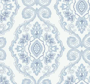 Blue White Damask Pattern Wallpaper