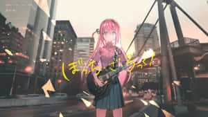 Bocchi The Rock Character Guitar Cityscape Wallpaper