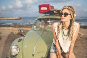 Boho Chic Beachside Girlwith Vintage Car Wallpaper