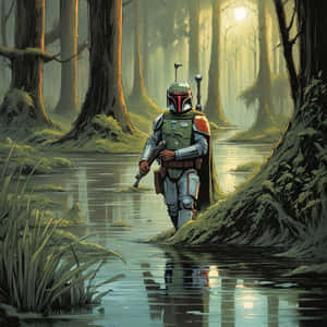 Bounty Hunterin Forest Swamp Illustration Wallpaper