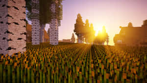 Breathtaking Skyline At Sunset In The World Of Minecraft Wallpaper