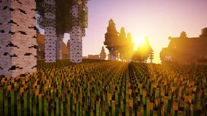 Breathtaking Skyline At Sunset In The World Of Minecraft Wallpaper