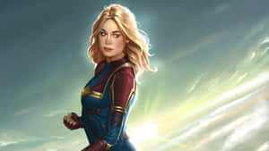 Brie Larson As Captain Marvel Soaring Through The Skies Wallpaper