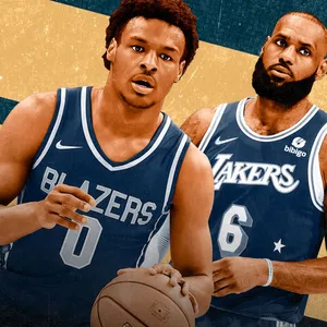 Bronny James And Lebron James In Blue Jerseys Wallpaper