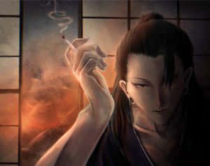 Brooding Anime Character Smoking Wallpaper