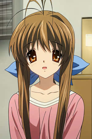 Brown Haired Anime Girlwith Blue Ribbons Wallpaper
