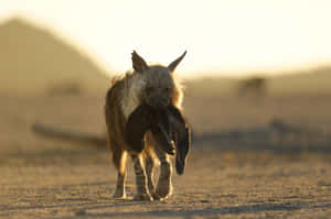 Brown Hyena Carrying Preyat Dusk Wallpaper