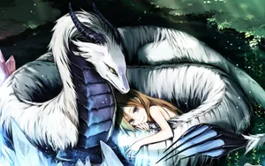 Brunette Girl Cuddling With A White Dragon Anime Wallpaper