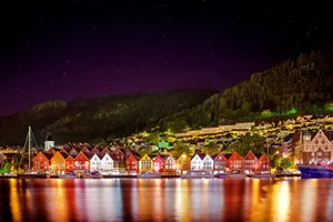 Bryggen Norway Historic Waterfront Night Wallpaper
