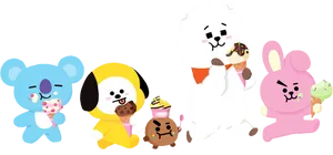Bts Cartoon Bt21 With Foods Wallpaper