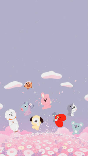 Bts Cartoon In Flower Garden Wallpaper