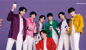 Bts Posing Together In A Stylish Photoshoot For An Endorsement Campaign Wallpaper