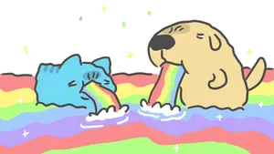 Bugcat Capoo And Dog Rainbow Vomit Wallpaper