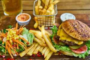 Burger, Fries, And Vegetables 2560x1440 Food Wallpaper