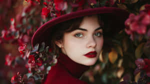 Burgundy Hat Woman Among Flowers Wallpaper