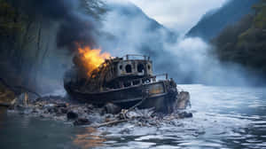 Burning Boat River Mist Wallpaper