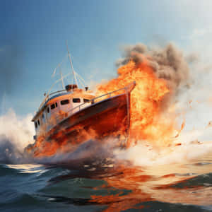 Burning Boatat Sea Wallpaper