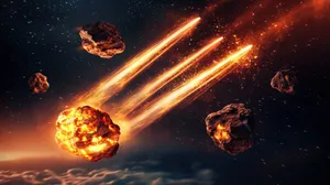 Burning Meteors Streaking Through Space, Creating Fiery Trails As They Enter Earth's Atmosphere Wallpaper