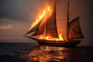 Burning Sailboatat Dusk Wallpaper