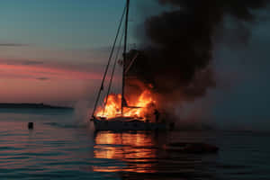 Burning Sailboatat Dusk Wallpaper