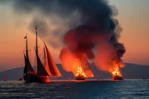 Burning_ Sailboats_ Sunset Wallpaper