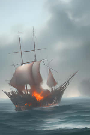 Burning_ Ship_ Amidst_ Waves Wallpaper