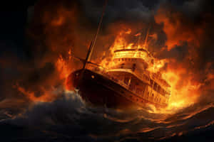 Burning Ship At Sea Wallpaper