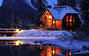 Cabin Cozy Winter Aesthetic Blue Hour Photography Wallpaper