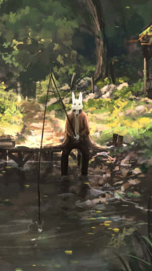 Calm Anime Scenery River Fishing Wallpaper