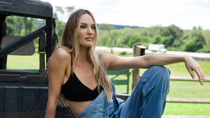 Candice Swanepoel Denim Overall Photoshoot Wallpaper