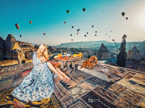 Cappadocia Woman Dogs Balloon Wallpaper