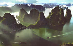 Caption: A Breathtaking View Of Halong Bay's Majestic Scenery Wallpaper