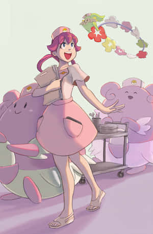 Caption: A Friendly Encounter With Nurse Joy And Her Trusty Pokemon, Blissey Wallpaper