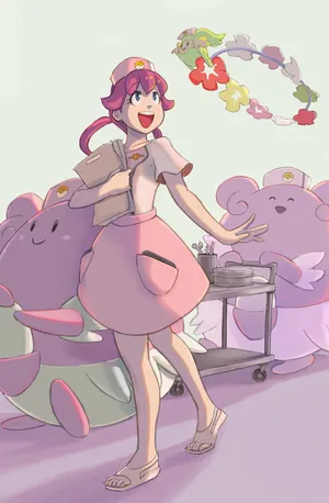 Caption: A Friendly Encounter With Nurse Joy And Her Trusty Pokemon, Blissey Wallpaper