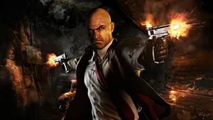 Caption: Agent 47, The Silent Assassin Treks Through A Shadowy Cave In Hitman Absolution Wallpaper