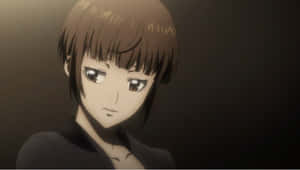 Caption: Akane Tsunemori Striking A Pose In A Futuristic City Wallpaper