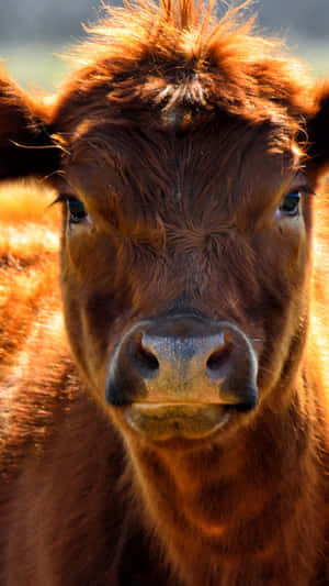 Caption: Beautiful Brown Cow Grazing In A Lush Green Field Wallpaper