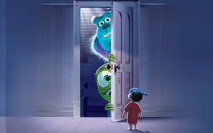 Caption: Boo, Sulley, And Mike From Monsters Inc. In An Adventurous Day Wallpaper