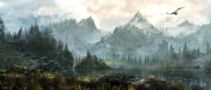 Caption: Breathtaking Mountain View In Skyrim Wallpaper