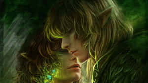 Caption: Celestial Love: A Magical Encounter Between Two Fantasy Lovers. Wallpaper