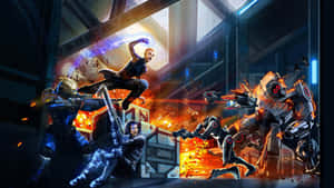 Caption: Commander Shepard And Crew In Action Wallpaper