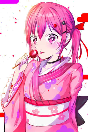 Caption: Enchanting Anime Girl With Pink Lollipop Wallpaper