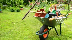 Caption: Enchanting Gardening Tools In Lush Green Backyard Wallpaper