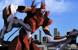 Caption: Eva-02 Ready For Action In The City Wallpaper