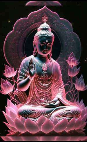Caption: Illuminating Neon-glow Buddha Statue Meditating Amidst The Tranquil Serenity. Wallpaper