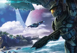 Caption: Intense 3d Gaming Action With The Iconic Halo Master Chief Wallpaper