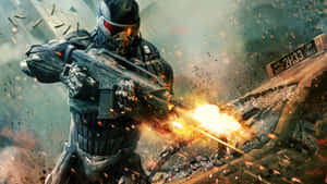 Caption: Intense Battle In A Futuristic War Zone Wallpaper