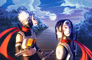 Caption: Intense Encounter: Kakashi And Itachi Face Off Wallpaper