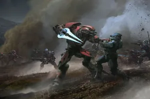 Caption: Intense Spartan Battle In The Halo Universe Wallpaper