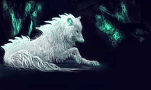 Caption: Majestic Arctic Wolf In Snowy Landscape Wallpaper